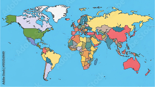 A colorful world map illustration displayed on a flat surface from a directly overhead viewpoint