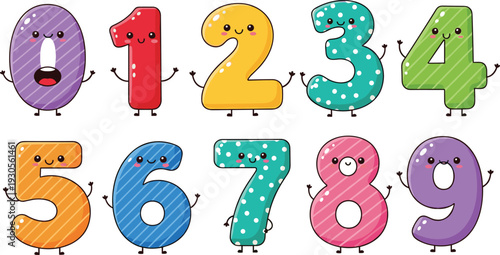 Cute kawaii cartoon numbers set from zero to nine with funny faces and patterns for children education and birthday design.