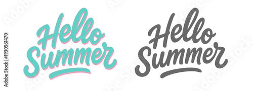 Hello Summer creative handwritten lettering set. Turquoise and pink 3D text and black monochrome silhouette isolated on white background. Seasonal holiday vector design element.