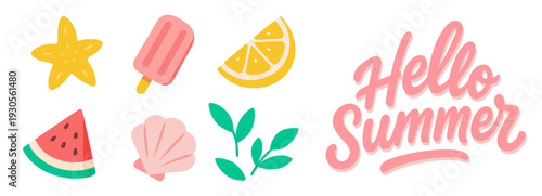 Hello Summer creative pink typography and cute flat icon set. Vector illustration of watermelon, lemon, starfish, seashell and popsicle isolated on white background.