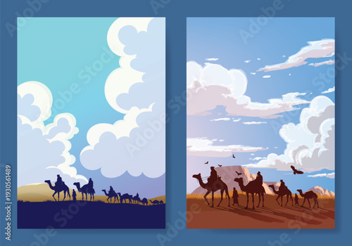 Caravan of camels silhouette landscape vector background. great design for Islamic holiday, adventure and travel banner, cover and poster.