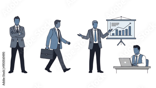 Business professionals in various roles and actions in a corporate setting from a straightforward viewpoint