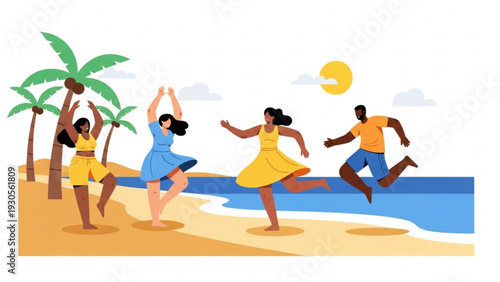 Group of people dancing joyfully on a sunny tropical beach with palm trees by the ocean