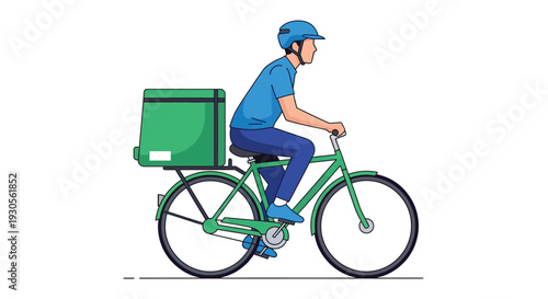 A delivery person rides a green bicycle with a large bright green box attached showcasing a flat silhouette high quality professional