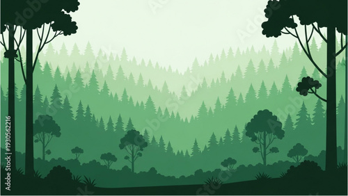 Serene forest landscape with trees, foliage, and hills from a distant viewpoint in a natural environment