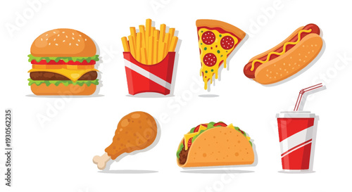 Colorful illustration of various fast food items including burgers fries pizza and a drink silhouette high quality professional detailed modern elegant