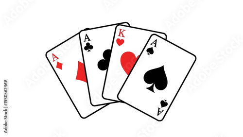 Four playing cards fanned out showing aces with different suits on a transparent background from a top view