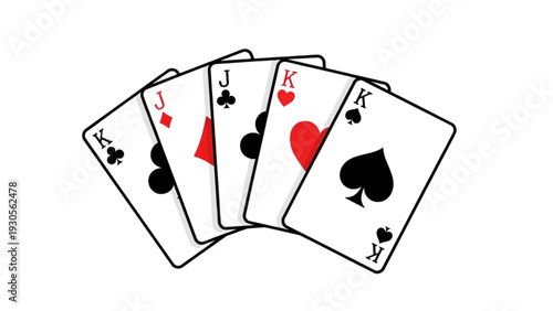 A fan of playing cards displaying various suits and ranks laid out neatly