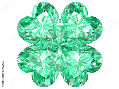 Green Gemstone Flower Cluster on Black Background (Faceted Crystal Pattern), Emerald-green faceted gemstone flower with brilliant sparkle and symmetry, isolated on black. Luxury abstract jewel design.