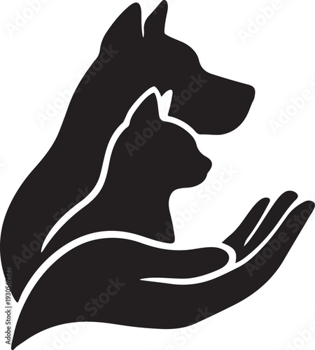 Pet care logo silhouette featuring a cat and dog cradled in a human hand, symbol for animal welfare, veterinary clinic, and pet adoption, isolated on white.