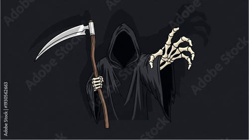 Grim Reaper illustration on dark background holding scythe and beckoning