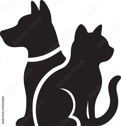 Solid black silhouette of a sitting dog and cat together, minimalist pet shop and veterinary clinic icon isolated on a white background.