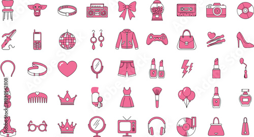 Pink girly lifestyle icon set with fashion accessories, beauty products, music, gaming, and cute feminine elements for social media and modern design.