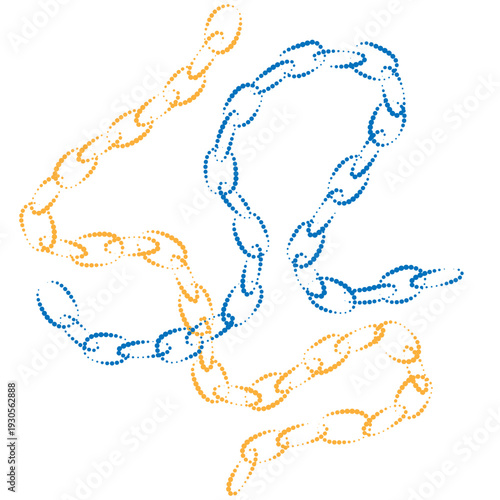 Blue and yellow chains vector illustration. Fashion design. Print with chains. Chain on white background. Drawing jewelry element.