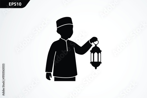 Black silhouette of moslem boy bring lantern