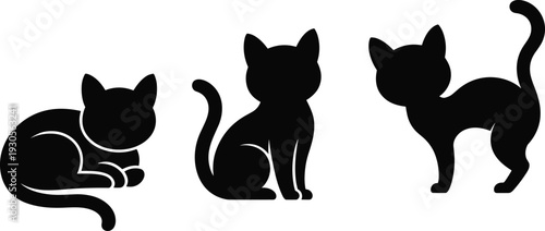 Cat silhouettes set, cute feline poses icons, sitting standing sleeping kittens, black monochrome vector illustration isolated background minimalist pet design