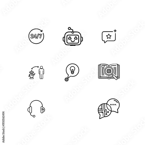 Customer support and AI chatbot linear icon set, 24/7 help desk, smart virtual assistant and technical service vector symbols