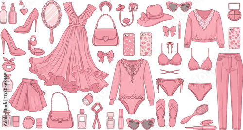 Pink women’s fashion collection with dress, accessories, shoes, cosmetics, and lingerie in stylish monochrome aesthetic vector illustration.
