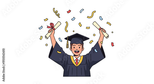 A cheerful graduate in a cap and gown celebrates with diplomas and confetti a joyful graduation silhouette high quality professional detailed