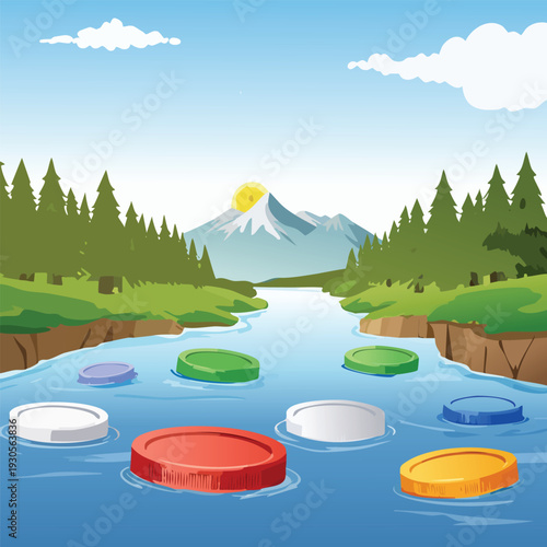 Colorful stepping stones across a flowing river in a vibrant nature scene