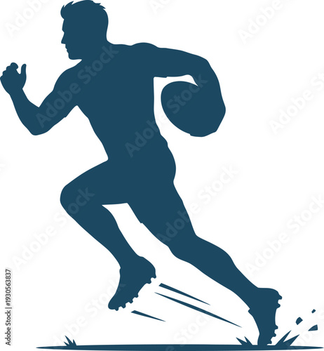 Dynamic navy blue silhouette of a rugby player sprinting with the ball. Ideal for sports club branding, tournament logos, and athletic apparel. High-quality minimalist vector art.