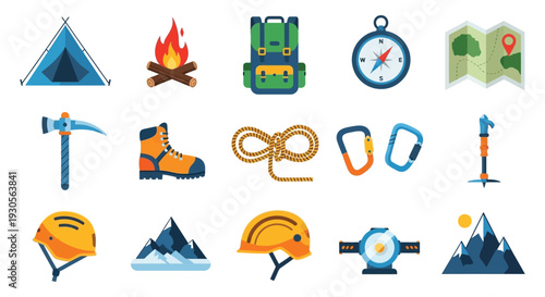 Colorful icons depict camping essentials like tents backpacks and mountains creating an outdoor adventure theme silhouette high quality professional detailed modern