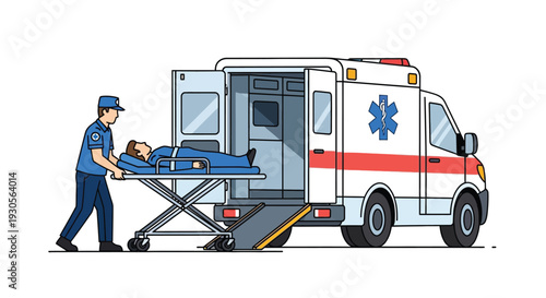 An emergency medical technician loads a patient onto a stretcher from an ambulance depicted as a silhouette high quality professional detailed