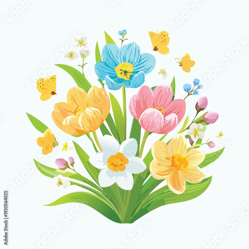 Colorful floral arrangement of spring blooms and fluttering butterflies