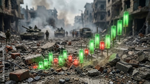 Stock Candlesticks Upward Trend In Blurred War Zone