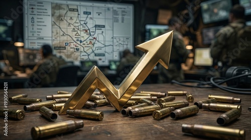 Brass Upward Arrow Among Casings Blurred Tactical Map