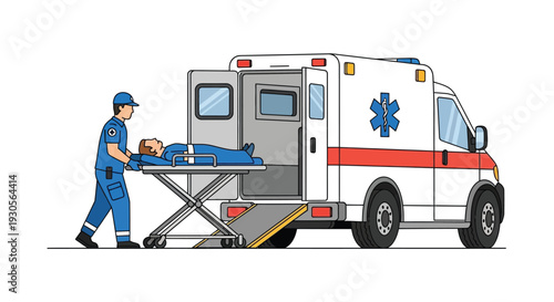 An emergency medical technician transports a patient on a stretcher to an ambulance depicted in silhouette high quality professional detailed modern