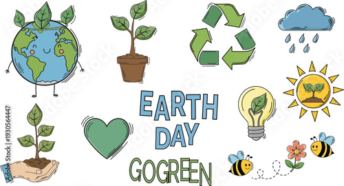 Earth Day Illustration with Smiling Globe, Recycling Symbol, Plants, and Eco friendly Icons Promoting Sustainability.