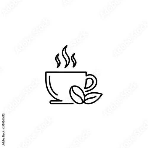 Minimalist Black and White Coffee Cup Illustration with Steam and Coffee Beans