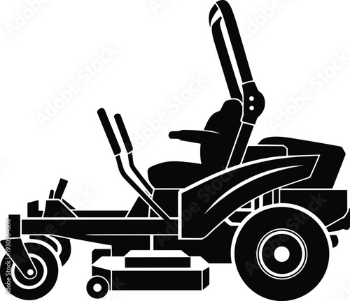 Zero turn lawn mower silhouette illustration, professional gardening equipment vehicle, grass cutting machine icon, black monochrome vector design isolated