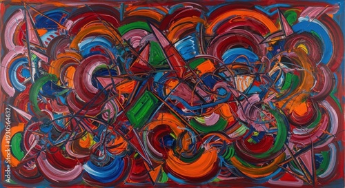 Abstract Painting with Swirling Colors and Geometric Shapes