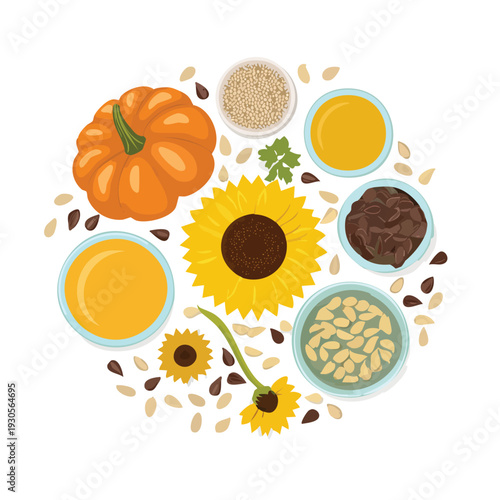 Composition of various seeds and produce in circle arrangement