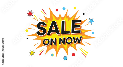 A vibrant sale announcement with a burst of colorful stars and a bold sale on now message silhouette high quality professional