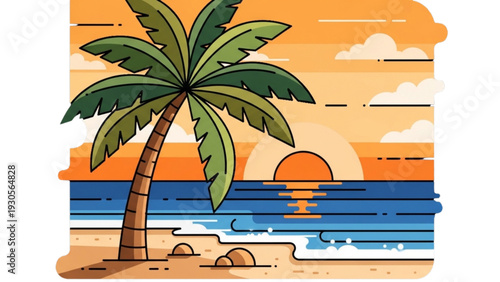 Palm tree stands tall on sandy beach at serene sunset over calm ocean waters