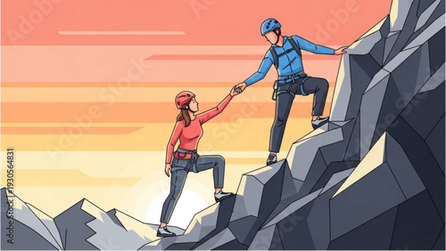 Climbers assisting each other on a rocky mountain peak at sunrise from a distant viewpoint