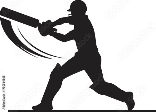 Dynamic black silhouette of a cricket batsman mid-swing with a trail effect. Ideal for cricket club branding, sports logos, and athletic apparel. High-quality minimalist vector art.