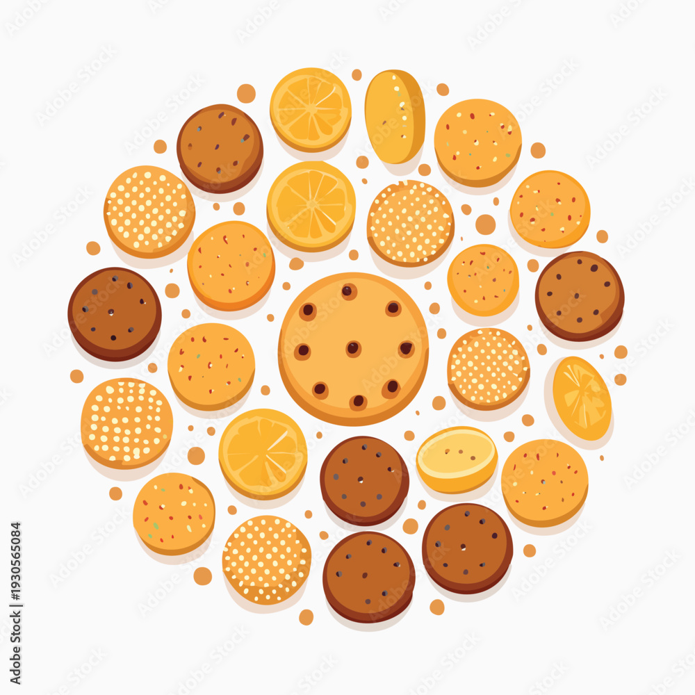 Fototapeta premium Cookies and citrus fruit arranged in a circular composition