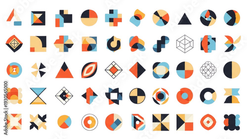 A collection of abstract geometric shapes in various colors and forms displayed together on a clean background from a straightforward viewpoint