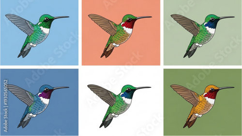 A vibrant collection of hummingbirds in flight against various colored backgrounds from a straightforward viewpoint
