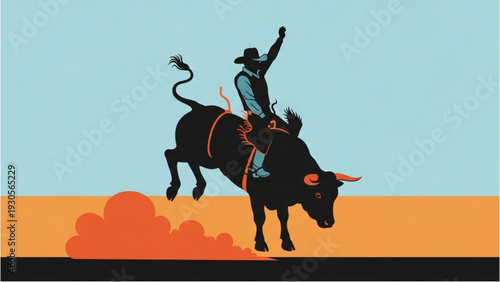 Rodeo rider on bucking bull illustration from side view