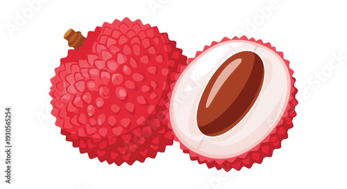 A vibrant illustration depicts a whole lychee and a halved piece showcasing its seed and textured shell silhouette high quality professional