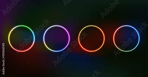 Glowing neon circle frames in multiple colors on dark gradient background with futuristic abstract light ring design elements