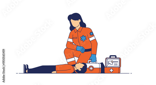 A paramedic attends to a patient lying on the ground providing emergency medical assistance with a distinct silhouette high quality professional