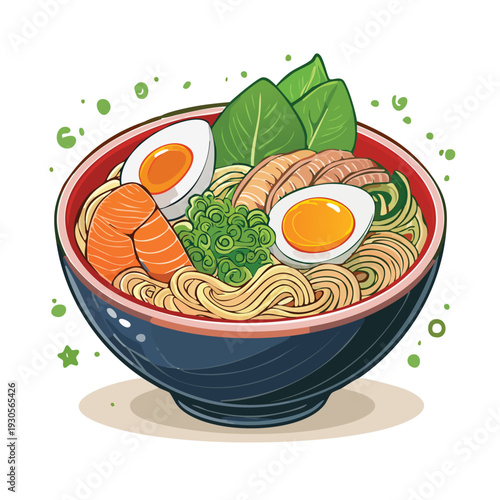 Colorful illustration of a bowl of ramen with various toppings