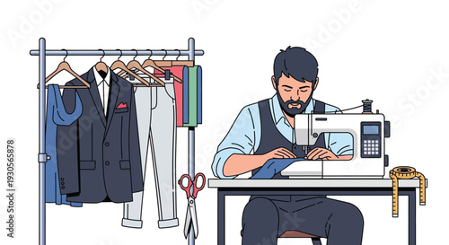 A tailor works diligently at his sewing machine surrounded by garments exhibiting a distinct silhouette high quality professional detailed modern elegant