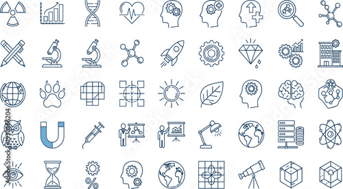 Science and technology line icon set with research, biology, chemistry, physics, laboratory equipment, innovation symbols for education and scientific digital design.